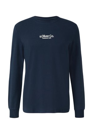 Marineblaue Langarmbluse mit weißem, mittig auf der Brust platziertem Text "s.Oliver Co. Gegründet 1969", mit gerippten Bündchen und Halsausschnitt.