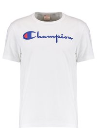 Camiseta de algodón blanca con el logotipo "Champion" bordado en azul en el pecho. Cuello redondo clásico y mangas cortas. Talla mediana.