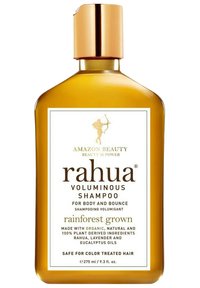 Shampoing volumisant Rahua dans une bouteille ambre rectangulaire avec un capuchon doré. L'étiquette présente un texte blanc et doré, avec des détails sur les ingrédients et l'utilisation.
