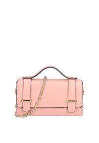 Borsa a tracolla in pelle rosa con un design strutturato, dettagli in metallo dorato, tracolla a catena removibile e bordi neri a contrasto.