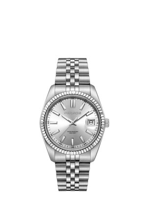 Silberne Metallarmbanduhr mit geriffelter Lünette, Datumsfenster bei 3 Uhr und einer Wasserdichtigkeit bis 50 m an einem Gliederarmband.