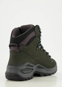 Grüner Wanderschuh mit einem strukturierten Wildleder-Obermaterial, gepolstertem Kragen und Gummisohle. Verfügt über Metallösen und kontrastierende blaue Schnürsenkel für einen sicheren Sitz.
