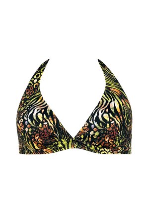 Triangular stanik bikini w wielokolorowym zwierzęcym wzorze z czarnymi, pomarańczowymi i zielonymi akcentami. Miękka tkanina z regulowanymi ramiączkami.
