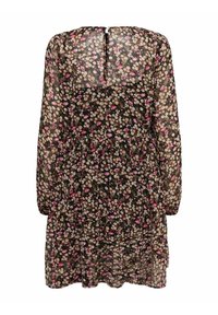 Robe noire à motif floral avec manches longues, taille froncée, motif floral en rose et crème, et fermeture éclair au dos.
