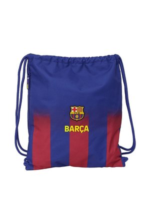 Sacca con cordoncino in tessuto blu e bordeaux, caratterizzata da righe verticali, emblema del logo e testo in grassetto che recita "BARÇA." Texture liscia.