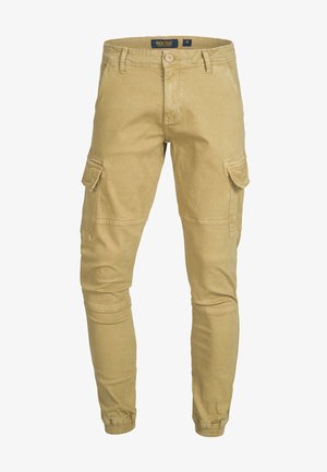 Pantalons cargo kaki en mélange de coton, avec une coupe slim, plusieurs poches latérales et des poignets élastiques aux chevilles.