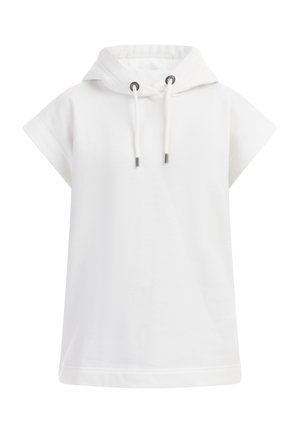 Weiße Kurzarm-Hoodie aus weichem Material, mit einer Kapuze mit Zugband und silbernen Ösen sowie einer lockeren Passform. Glatte Textur und schlichtes Design.