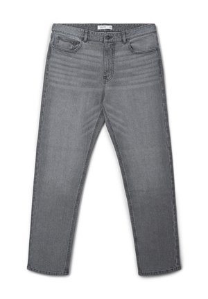 Jeans in denim grigio con bottone frontale e cerniera, design a cinque tasche e leggera sfumatura sulle cosce, distesi su uno sfondo bianco.