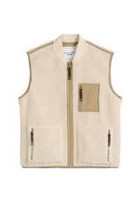 Mouwloze crèmekleurige sherpa vest met beige bies, een rits aan de voorkant, twee lagere ritszakken en één ritszak op de rechterborst.