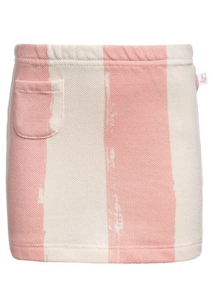 Minirock mit vertikalen breiten rosa und weißen Streifen, kleiner Fronttasche auf der linken Seite und strukturiertem Stoff.