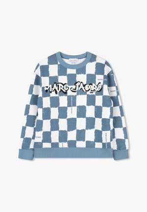 Sweat-shirt à carreaux bleus et blancs avec un grand texte "MARC JACOBS". Doté de poignets et d'un col côtelés, fabriqué à partir d'un tissu doux en mélange de coton.