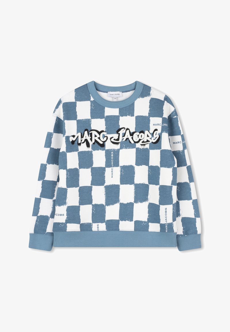 Sweat-shirt à carreaux bleus et blancs avec un grand texte "MARC JACOBS". Doté de poignets et d'un col côtelés, fabriqué à partir d'un tissu doux en mélange de coton.