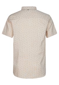 Korte mouw shirt in lichtbeige met een textuurpatroon van kleine rode en oranje stippen, heeft een standaardkraag en een rechte zoom.