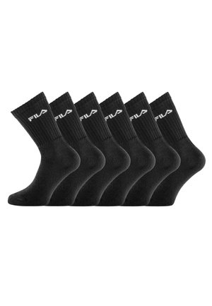 Six chaussettes noires FILA montantes alignées côte à côte, partie supérieure côtelée avec logo blanc FILA près du haut.