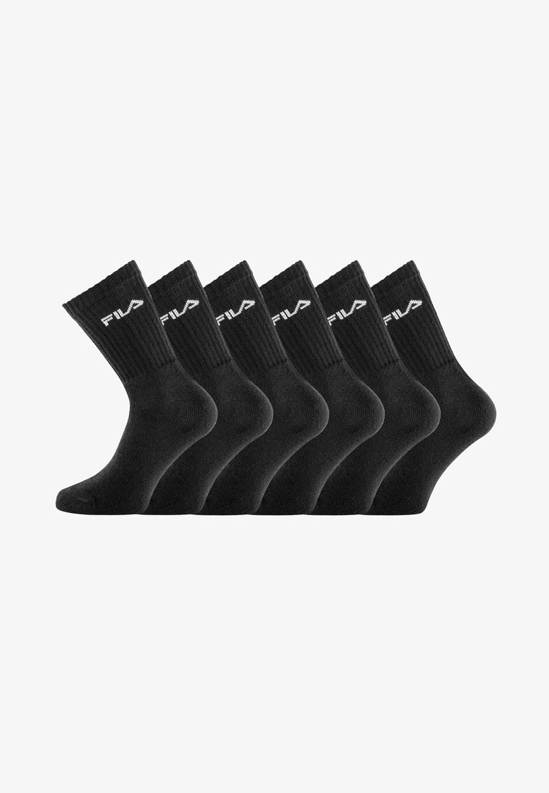 Six chaussettes noires FILA montantes alignées côte à côte, partie supérieure côtelée avec logo blanc FILA près du haut.