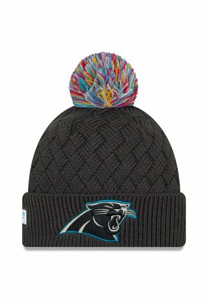 Beanie nero lavorato a maglia con una trama testurizzata, dotato di un pompon multicolore e del logo ricamato dei Carolina Panthers in blu e bianco.
