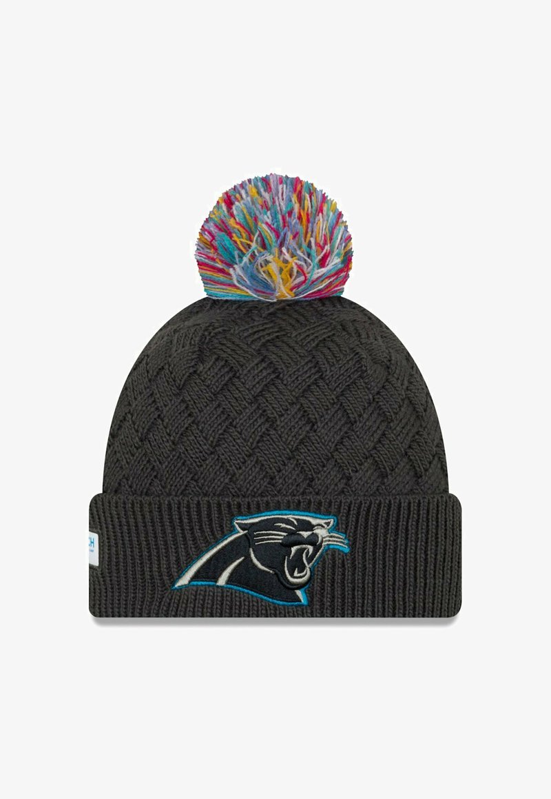 Black knitted beanie with a textured weave, featuring a multicolored pom-pom and an embroidered Carolina Panthers logo in blue and white.
