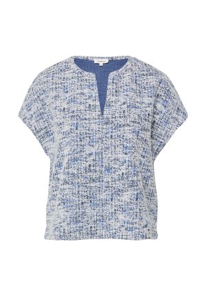 Blouse met korte mouwen met een blauw, wit en zwart gestructureerd patroon, ronde hals met een kleine split aan de voorkant, losse pasvorm.