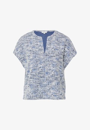 Blouse met korte mouwen met een blauw, wit en zwart gestructureerd patroon, ronde hals met een kleine split aan de voorkant, losse pasvorm.