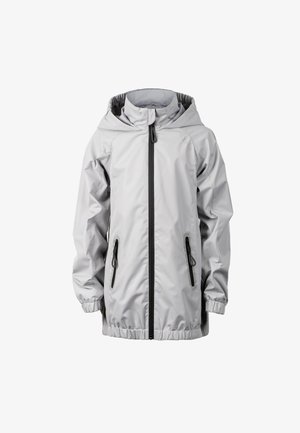 Veste imperméable à capuche gris clair avec une fermeture éclair frontale noire et deux poches zippées, poignets et ourlet élastiques, sur fond blanc.