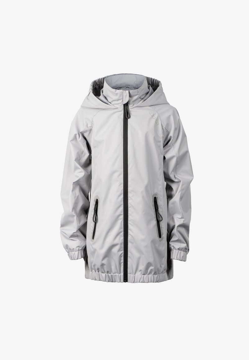 Veste imperméable à capuche gris clair avec une fermeture éclair frontale noire et deux poches zippées, poignets et ourlet élastiques, sur fond blanc.