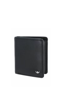 Portefeuille bi-fold en cuir noir avec des coutures visibles et un petit logo métallique en bas à droite, partiellement ouvert.