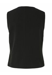 Juoda besiūlė viršutinė dalis, pagaminta iš glotnaus audinio, prigludusi, su apvaliu iškirpimu ir švariu, minimalistiniu nugaros dizainu, be matomų užsegimų ar raštų.