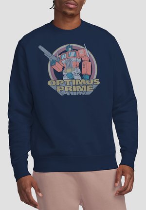 Navy sweatshirt featuring a graphic of Optimus Prime with a blaster, outlined in red and yellow text reading "OPTIMUS PRIME."