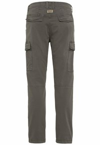 Cargo-Hosen aus dunkelgrauem Stoff mit glatter Textur. Verfügt über zwei Seitentaschen und ein gerades Bein-Design. Schlichte, funktionale Stil.