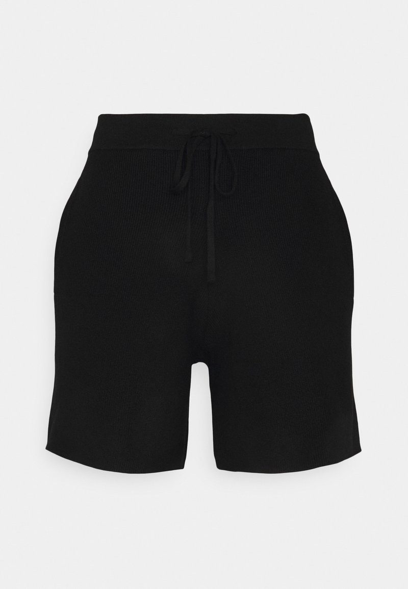 Shorts en maille noire avec une taille élastique et un cordon de serrage, dotés d'une texture lisse et d'une coupe décontractée. Aucun motif ni accent visible.