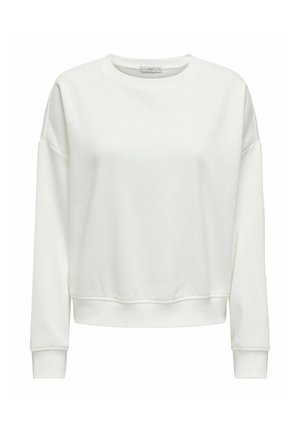 White sweatshirt with long sleeves, crew neck, and ribbed hem. Made of soft fabric with a smooth texture and minimalistic design.