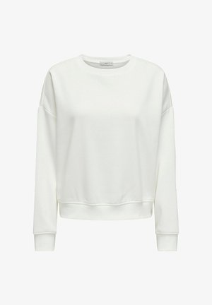 White sweatshirt with long sleeves, crew neck, and ribbed hem. Made of soft fabric with a smooth texture and minimalistic design.