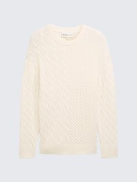 Krem pulover z vzorcem pletenja kabel s teksturiranim obližem na sprednji strani. Ima okrogel izrez in rebraste manšete ter spodnji rob. Mehka pletena tkanina.