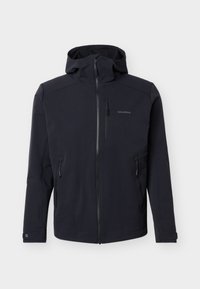 Chaqueta softshell negra para hombre con capucha, cremallera completa en la parte frontal, bolsillos con cremallera en el pecho y las manos, y puños ajustables.