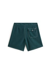 Mørk teal svøm shorts med hvid syning, der har en enkelt knaplukket baglomme med et Vans logo mærke.