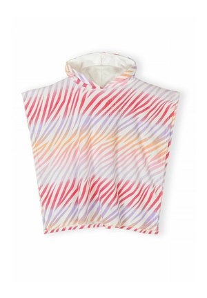 Dziecięcy poncho z kapturem w wielokolorowe paski zebry w odcieniach czerwieni, pomarańczu i fioletu na białej tkaninie, bez rękawów i luźnego kroju.