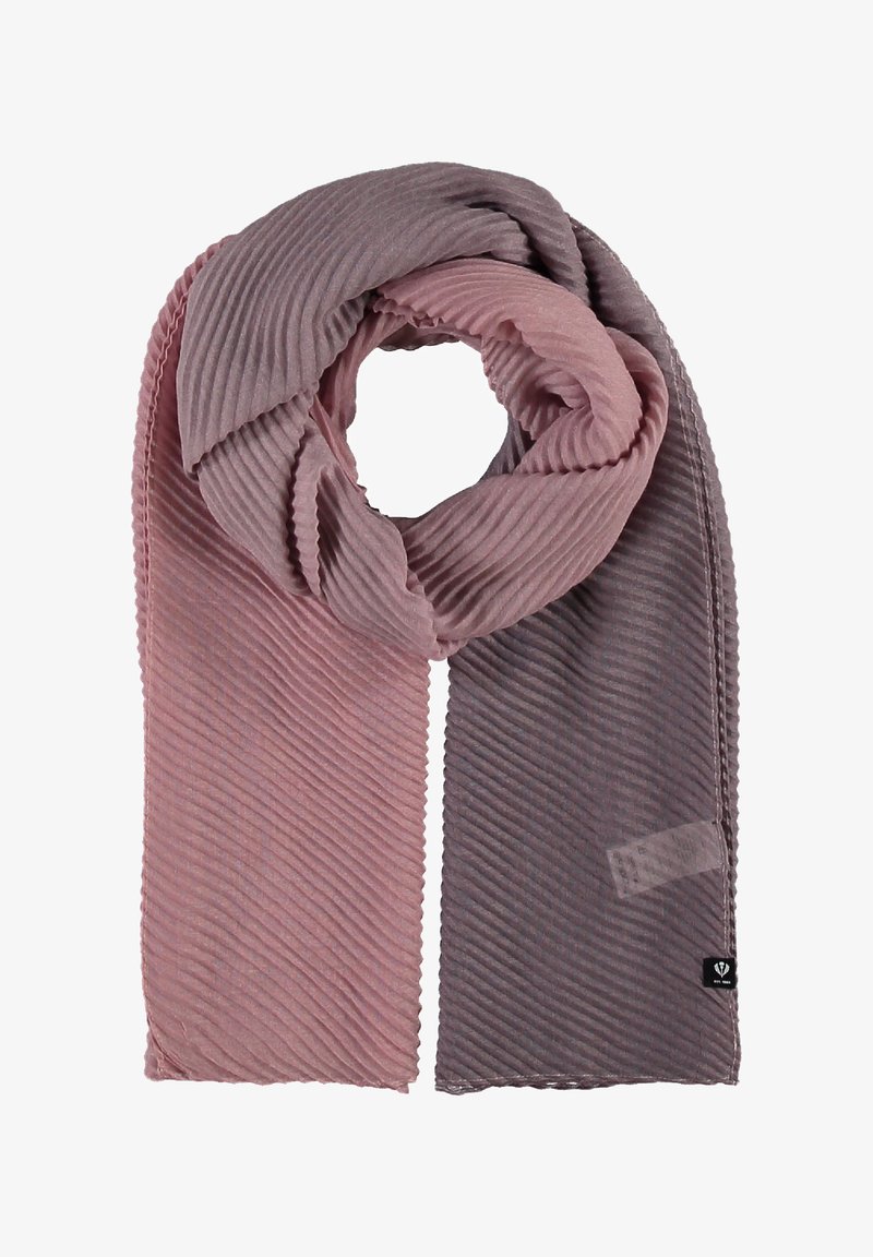 Textured scarf in gradient shades of pink and gray, featuring vertical ribbing, soft fabric, and a small black logo tag on one end.