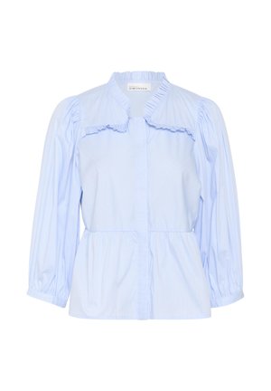 Light blue shirt with vertical pinstripes, ruffled collar, puffed sleeves, and a peplum waist. Soft fabric with smooth texture, button closure.
