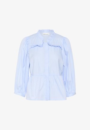 Világoskék ing függőleges csíkozással, fodros gallérral, puffos ujjakkal és peplum derékkal. Puha anyag, sima tapintású, gombos záródással.