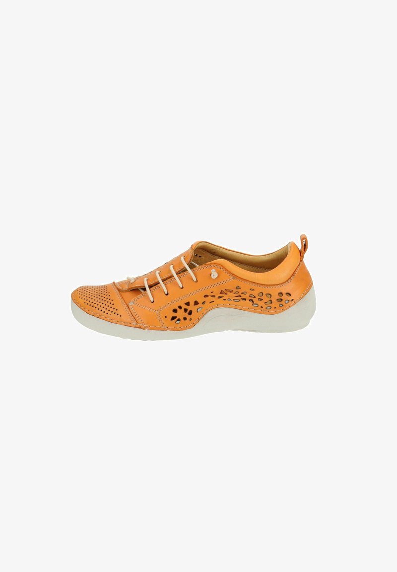 Orange leather shoe with perforations and cut-out patterns, featuring beige laces, a cushioned insole, and a white rubber sole.
