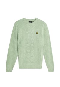 Maglione a maglia leggera verde chiaro con maniche lunghe, scollo tondo e un piccolo logo di un uccellino giallo sul lato sinistro del petto. Morbido al tatto.