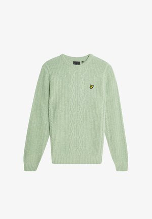 Hellgrüner Kabelstrickpullover mit langen Ärmeln, Rundhalsausschnitt und einem kleinen gelben Vogel-Logo auf der linken Brust. Weiche Textur.