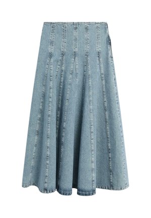 Light blue denim A-line skirt with vertical seam details and a mid-length hem.