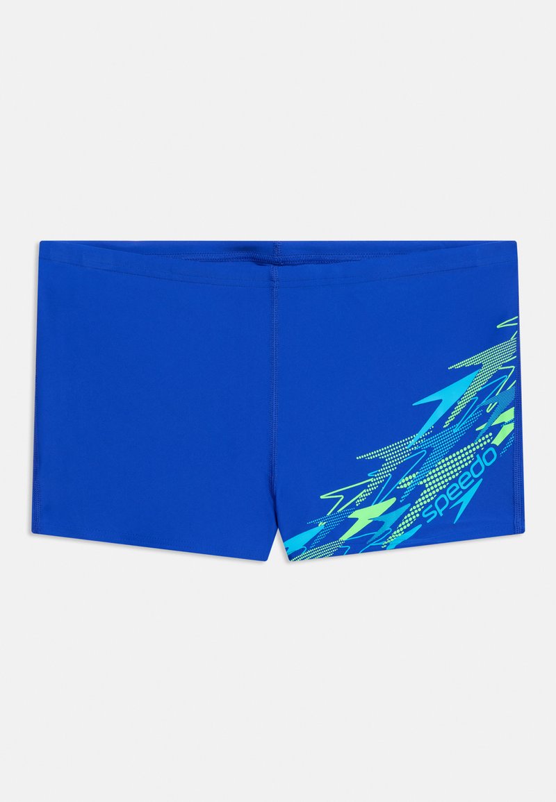 Meeste sinised ujumispüksid neoonsinise ja rohekasrohelise abstraktse välkdisainiga ning "Speedo" logo paremal küljel.