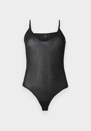 Black mesh bodysuit with thin shoulder straps and subtle small dot pattern throughout.