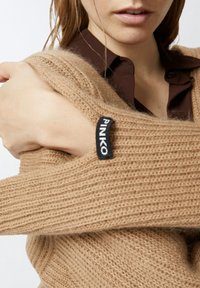 Maglione beige lavorato a maglia con tessuto testurizzato e un'etichetta nera con la scritta "PINKO" sulla manica. Il design è morbido e casual.