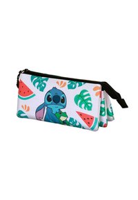 Buntes Stofffedermäppchen mit einem blauen Charakter, der einen Frosch hält, und im Hintergrund Muster von Wassermelonenstücken und tropischen Blättern.