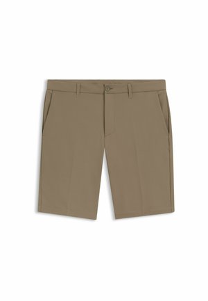 Herren leichte, hellbraune, maßgeschneiderte Shorts mit Gürtelschlaufen, seitlichen Taschen und einem Knopfverschluss vorne auf weißem Hintergrund.