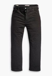 Black denim jeans with a straight-leg design, featuring a button fly, five pockets, and subtle stitching detail. Smooth texture.