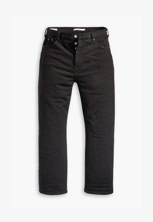 Jeans de denim preto com um design de perna reta, apresentando um fecho com botão, cinco bolsos e um detalhe de costura subtil. Textura suave.